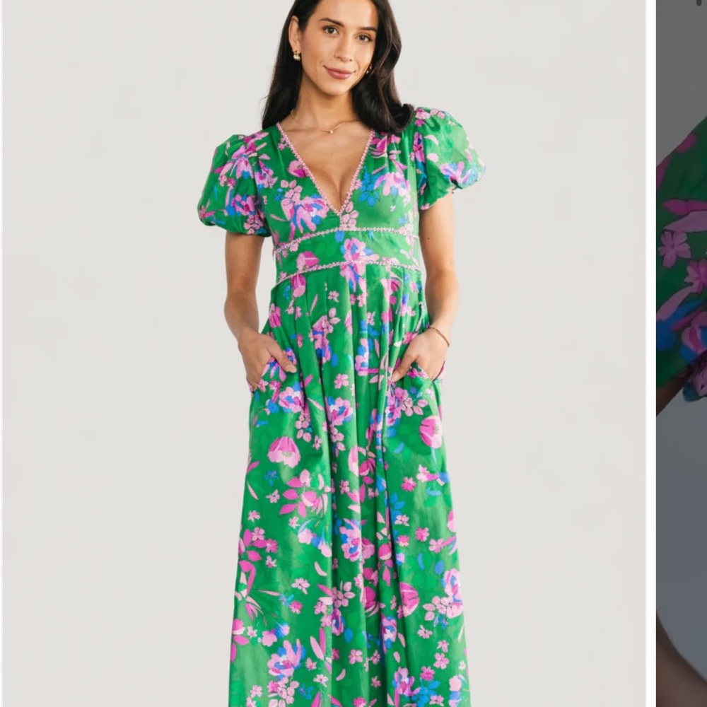Sugarlips Green Floral V-Neck Maxi Dress - Pink Floral Print